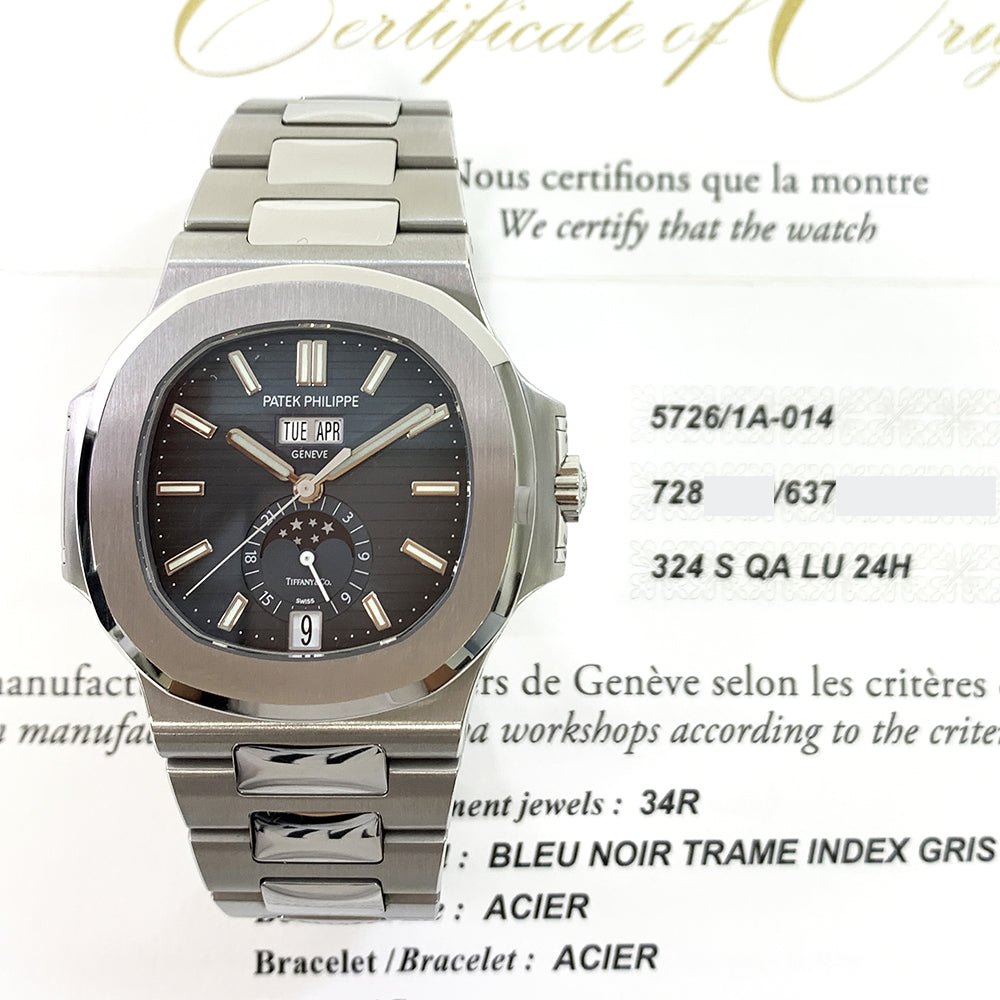 Patek Philippe 5726/1A‐014 Nautilus 40.5mm Annual Calendar Moon Phases Stainless Steel Blue Tiffany-stamped  Dial Self-Winding