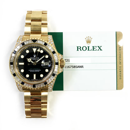 Rolex 116758SANR GMT-Master II 40mm Diamond & Black Sapphire Bezel Diamond Lugs Yellow Gold