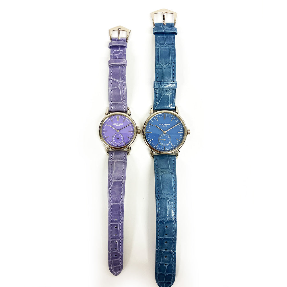 Patek Philippe 6127G-010 & 7127G-010 Calatrava White Gold Matching Pair "Tokyo Limited Edition": 36mm Light Blue + 31mm Lilac Manual-Winding