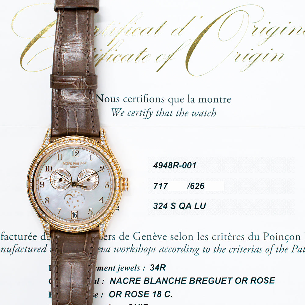 Patek Philippe 4948R-001 Annual Calendar Moon Phase 38mm Diamond Bezel, Case, Lugs, Crown, and Buckle Rose Gold Self-Winding