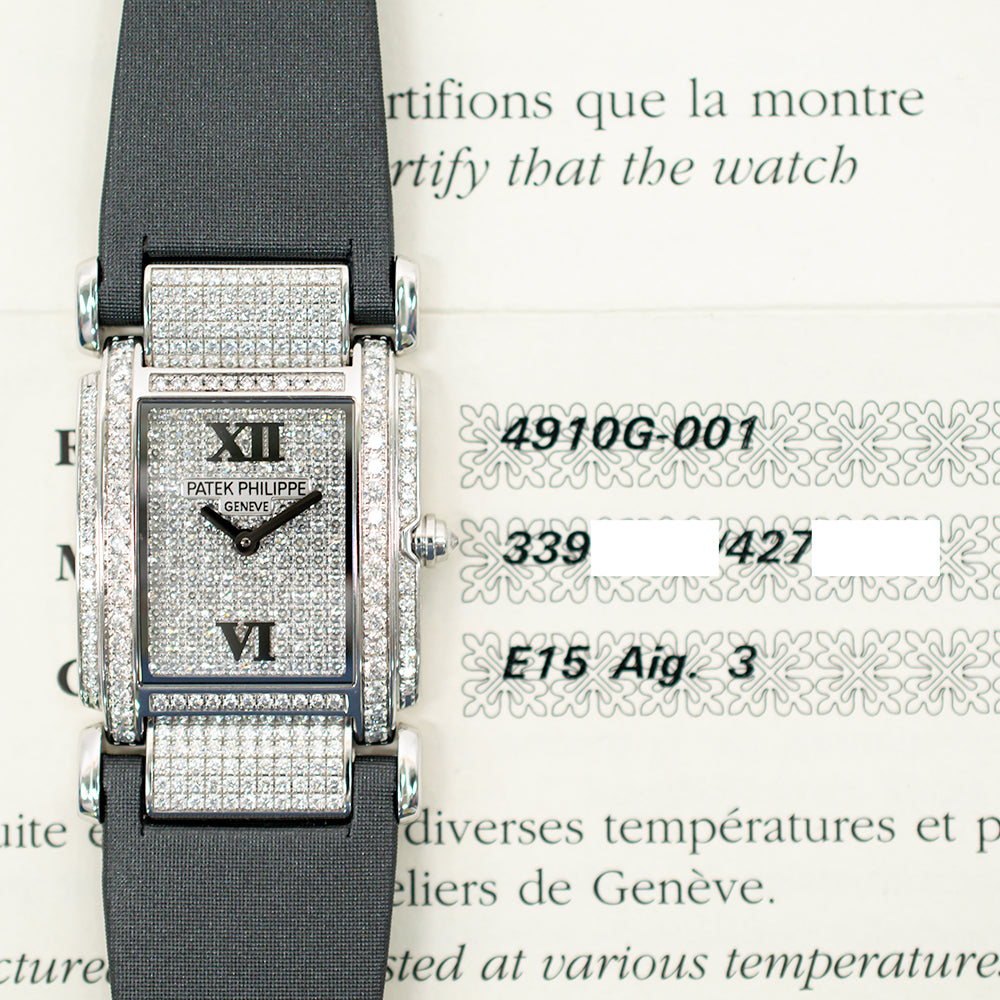 Patek Philippe 4910G-001 Twenty~4 Quartz 25mm x 30mm Diamond Bezel/Case Pave Diamond Dial White Gold