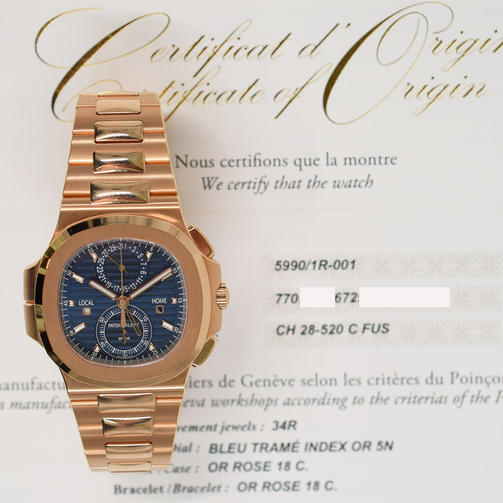 Patek Philippe 5990/1R-001 Nautilus Travel Time Flyback Chronograph 40.5mm Rose Gold