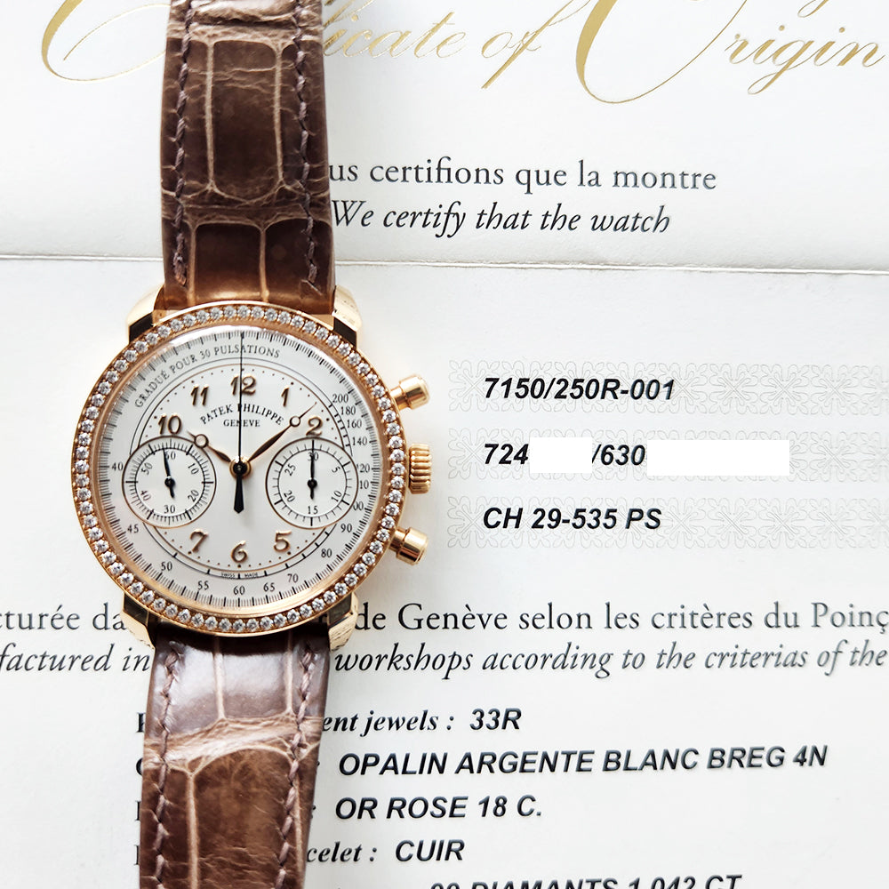 Patek Philippe 7150/250R-001 Ladies Chronograph 38mm Diamonds Bezel Rose Gold Manual-Winding