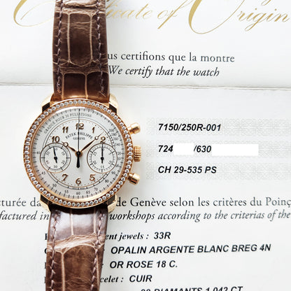 Patek Philippe 7150/250R-001 Ladies Chronograph 38mm Diamonds Bezel Rose Gold Manual-Winding