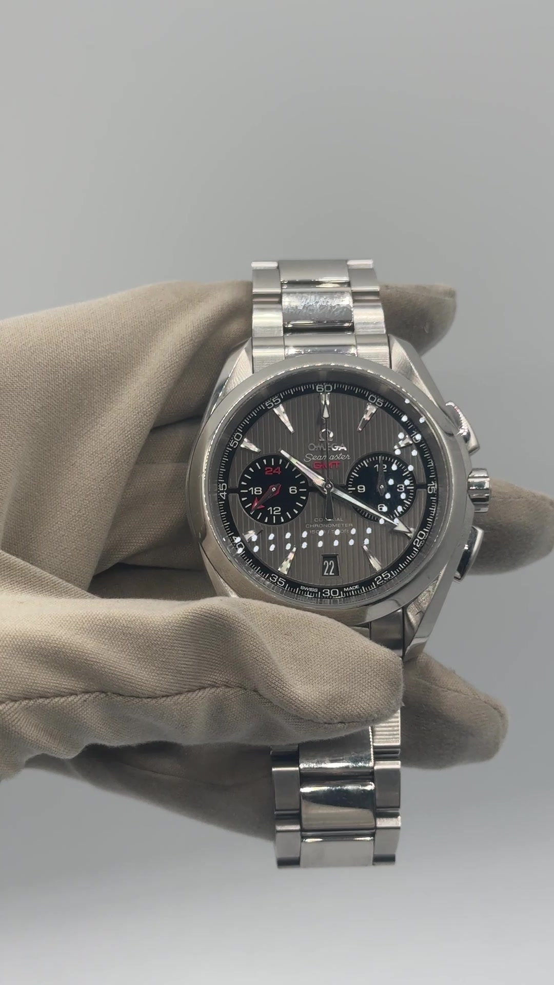 Omega Aqua Terra GMT Chronograph stock 39633 Front from vendor video