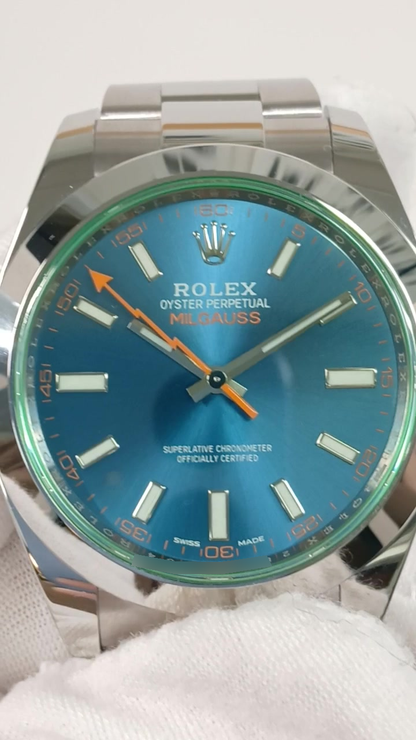Rolex Milgauss Green Crystal — Front; stock 40417