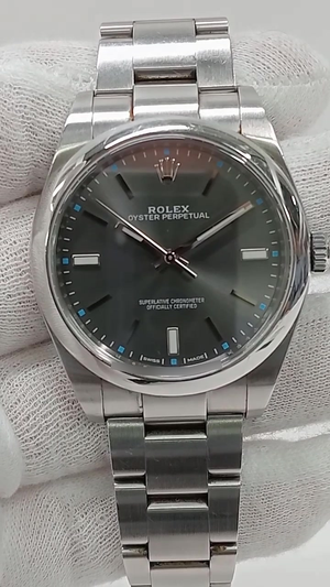 Rolex Oyster Perpetual 39mm Steel — Front; stock 85822