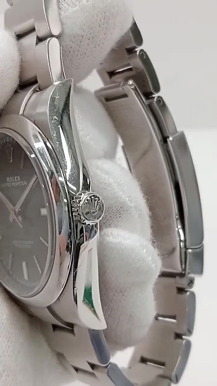 Rolex Oyster Perpetual 39mm Steel — Crown side; stock 85822