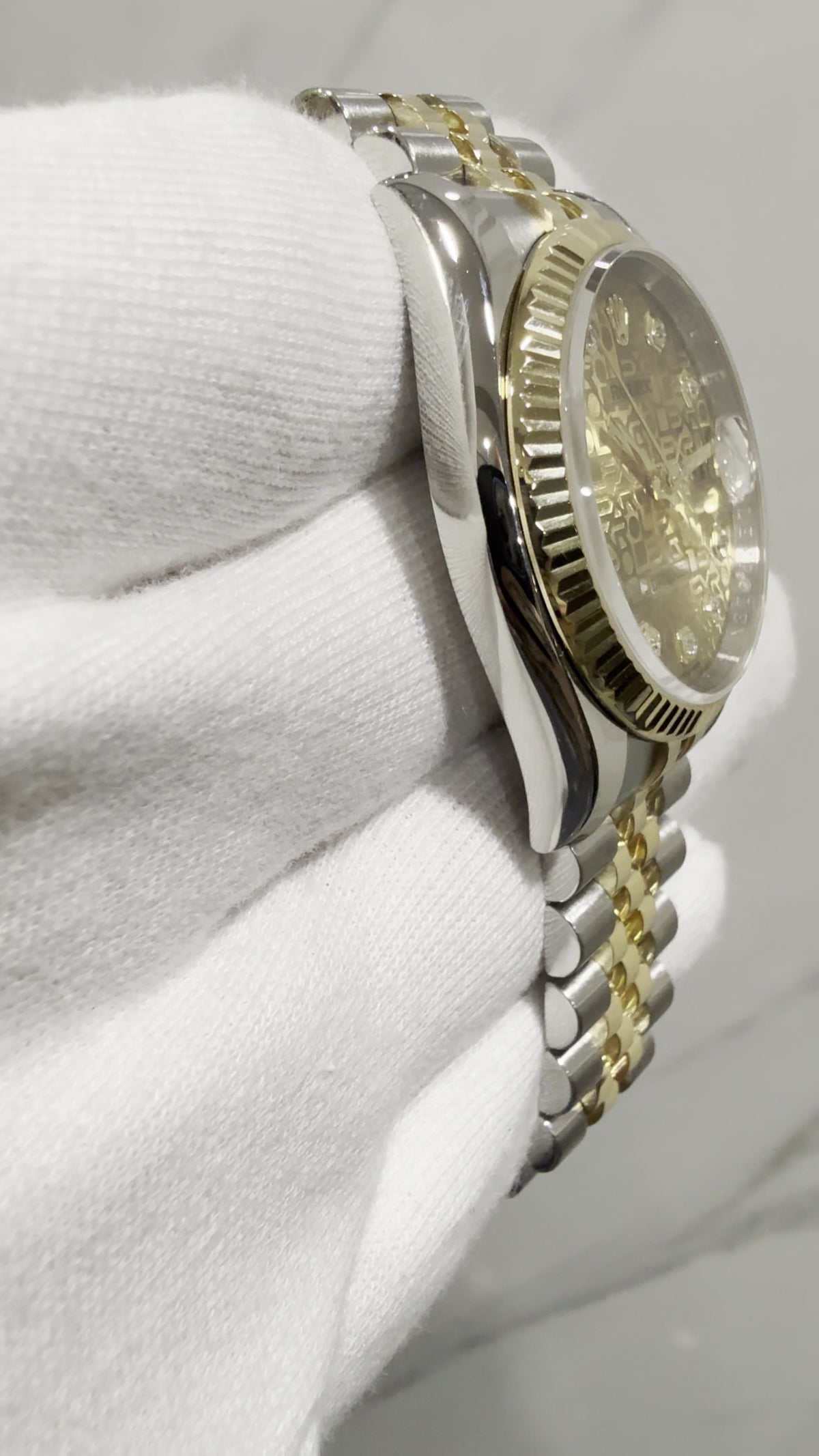 Rolex Datejust 36mm Steel and Yellow Gold — Side angle; stock 96545