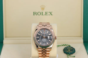 Rolex Sky-Dweller 'Annual Calendar Dual Time Zone', Grey Sundust Dial, Fluted Bezel - 18kt Rose Gold on Jubilee Bracelet